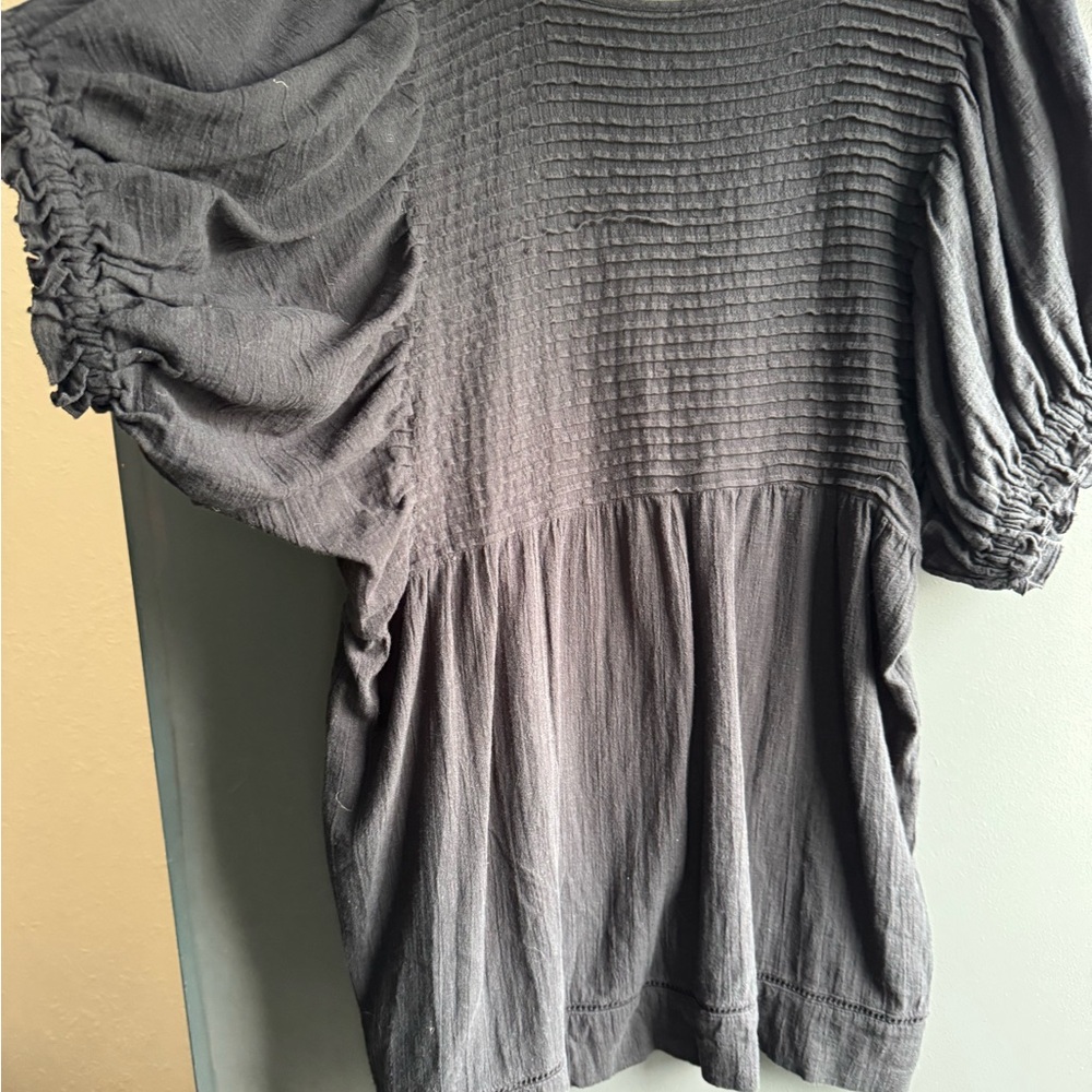 Free People Gray Smocked Blouse with Ruched Sleeves